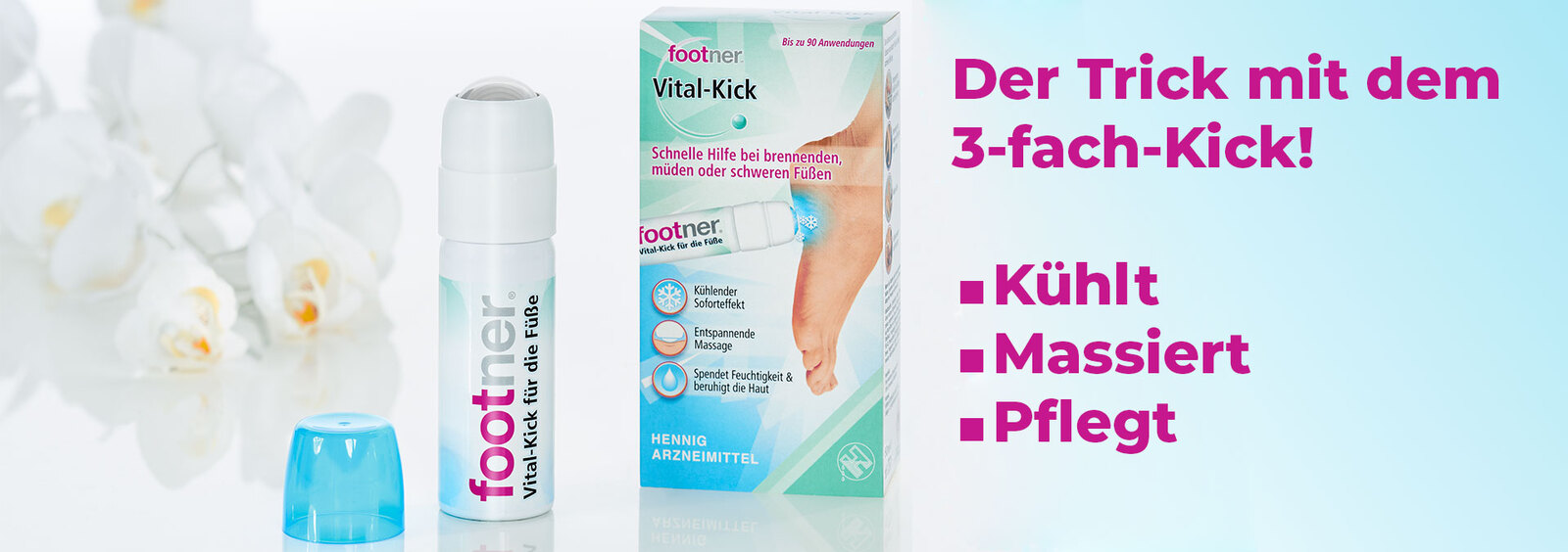 footner Vital-Kick Verpackung - Text: Der Trick mit dem 3fach-Kick! kühlt, massiert, pflegt